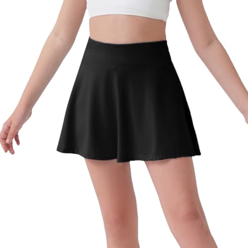 DEVOROPA Girls Tennis Skirts Stretch Adjustable Waist Youth Golf Athletic Pleated Skorts Lining Kids Cheer Shorts Pocket Black XS