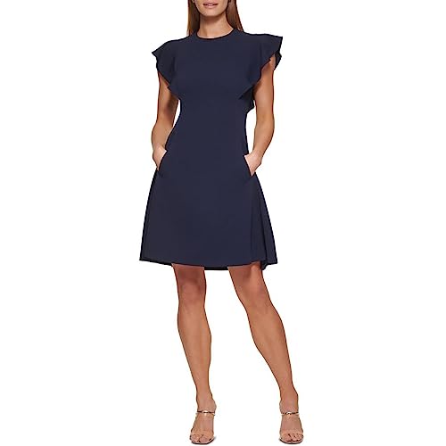 DKNY Women's Petite Sleeveless Scuba Crepe Jewel Neck Dress, Navy