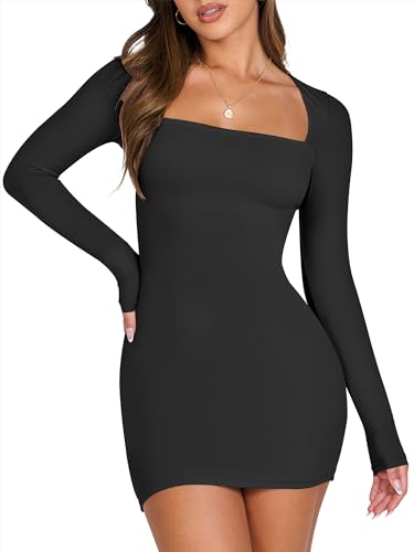 ANRABESS Women Long Sleeve Square Neck Sexy Bodycon Tight Cocktail Party Club Night Formal Short Dress 2024 Going Out Outfits Black X-Small