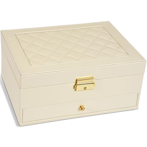 GUOER Jewelry Box for Women Girl Wife - Large PU Leather Jewelry Organizer Storage Case with Two Layers Display for Earrings Bracelets Rings Watches (Apricot)