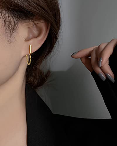 Reffeer 925 Sterling Silver Stud Earrings Minimalist Bar Earrings with Chain Dangle Earrings For Women (C-Yellow)