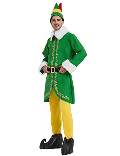 Wabolay Elf Costume Men Buddy Christmas Outfit Adult 5pcs Deluxe Suit Santa Couple Cosplay Holiday Halloween Xmas Party Full Set S