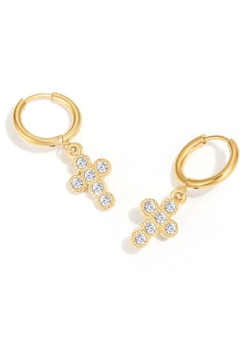 PANSTAR 18K Gold Cross Earrings for Women Small Pearl Studs Earrings Sterling Silver Posts Pearl Earrings Studs, Hypoallergenic Pearl Earrings, Gifts For Women (with Gift Box)