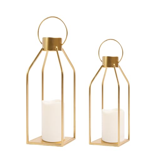 HPC Decor Modern Farmhouse Lantern Decor- Gold Metal Candle Lanterns for Christmas- Lanterns Decorative w/Timer Flickering Candles for Living Room, Home, Indoor, Outdoor, Table,Fireplace Mantle Décor