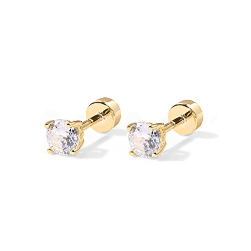 PAVOI 14K Gold Plated Round Cubic Zirconia Flat Back Studs (3 Millimeters, Yellow Gold)