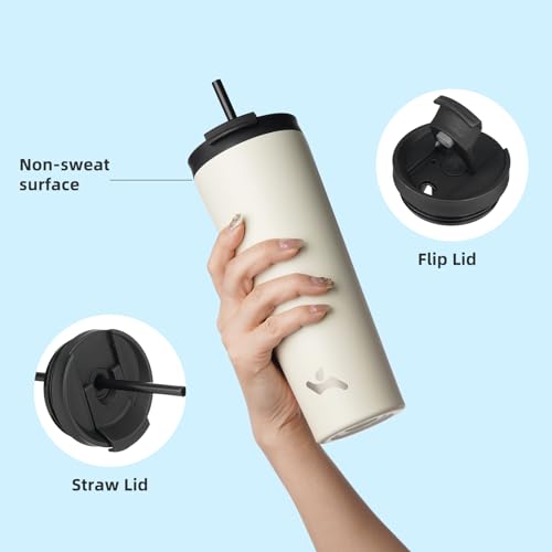 Konokyo 22 OZ Insulated Tumbler with Lid and 2 Straws Stainless Steel Water Bottle Vacuum Travel Mug Coffee Cup,Angel White