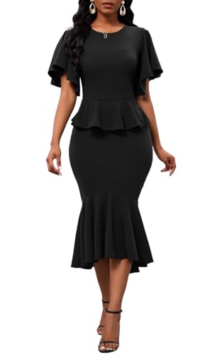 Ruffle Sleeve Fishtail Dress for Women Evening Elegant Cocktail Formal Peplum Midi Mermaid Dresses(Black Small)