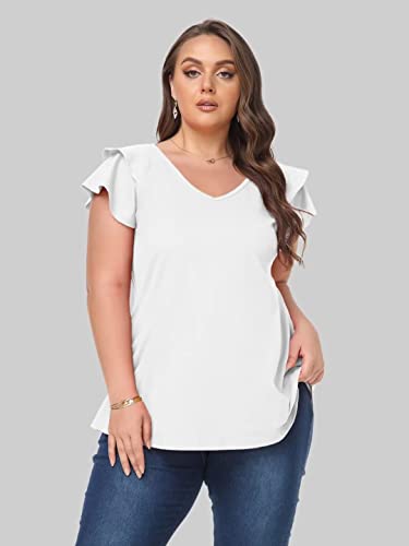 LARACE Summer T-Shirts for Women Short Ruff Sleeve Shirts Plus Size V Neck Blouses Tops Oversize Tee(Medium,R-Fushia)