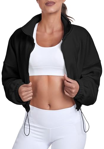 GRECERELLE Women's Sherpa Jacket Women Long Sleeve Winter Coats Full Zip Fleece Crop Jacket 2023 Black-M
