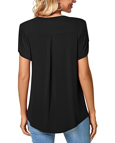 Bestbee Women's Short Sleeve Tops V Neck Petal Sleeve Shirts 2024 Cute Summer Casual T-Shirts Loose Fit Blouses, L, Black