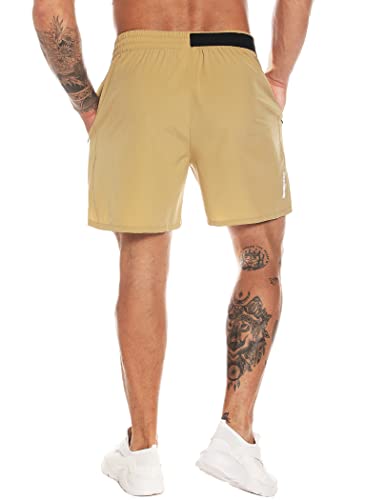 MOVEUP Shorts Athletic Loose Fit Zipper Jogging Shorts Gym Exercise Shorts Active Gym Training Sport Lightweight Shorts Khaki Small
