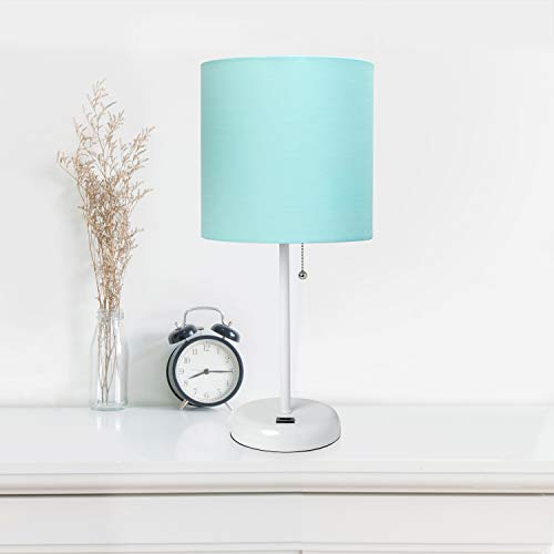Simple Designs LT2044-TAN-LB Brushed Steel Stick Table Desk Lamp with USB Charging Port and Drum Fabric Shade for Living Room, Hallway, Nightstand, Office, Tan Shade, with Feit LED Bulb Included
