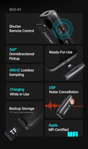 hohem MIC-01 Wireless Lavalier Lapel Microphone for iPhone iPad, MFi Certified, Remote Contro,100m(328ft),7.5-Hour Recording Plug-Play Microphone for Record Vlogs, Live Stream(1 TX + 1 RX)