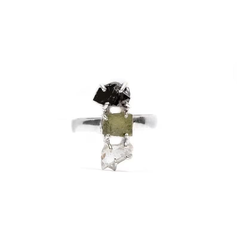 Moldavite, Herkimer & Black Tourmaline Ring Natural Moldavite 925 Sterling silver Handmade Jewelry with Gemstone From Czech Republic (8)