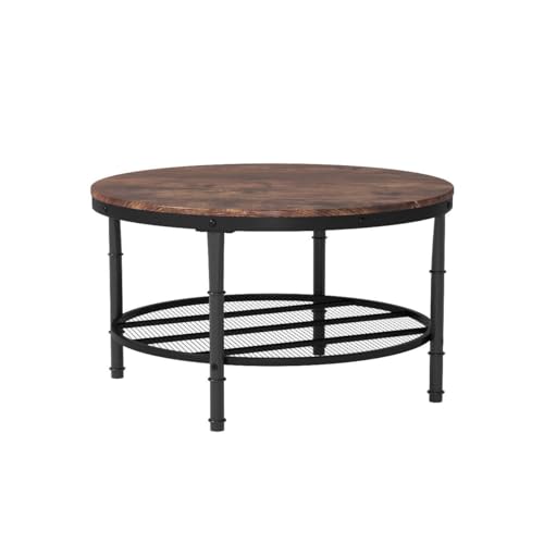 VINGLI Round Coffee Tables Living Room, 31.5" Round Coffee Table with Storage Round Wooden Coffee Table Round Farmhouse Coffee Table, Industrial Coffee Table Rustic Round Coffee Table with Metal Shelf