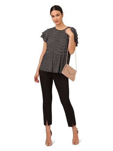 Adrianna Papell Women's Pleated Knit Double Sleeve TOP, Ivory/Black Micro Dot, Medium