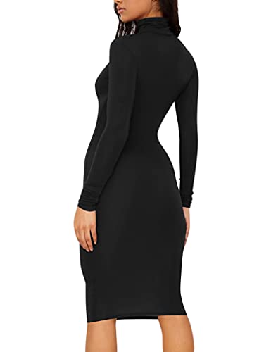 Women's Casual Long Sleeve Bodycon Sexy Turtleneck Midi Club Party Pencil Dresses, S, Black
