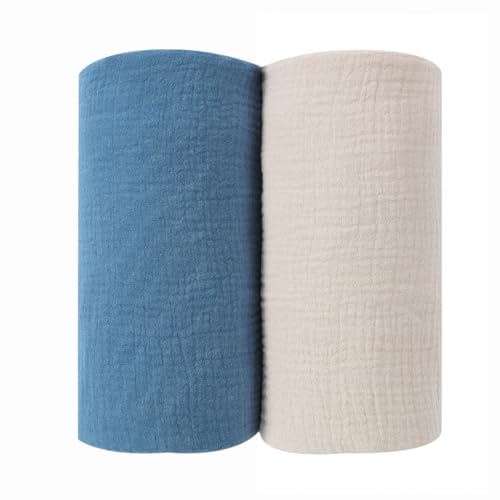 DaysU Muslin Baby Swaddle Blanket, Cotton Swaddling Blankets for Baby Boy and Girl, Nursery Skin-Friendly Baby Receiving Blanket for Newborns, Breathable Swaddle Wrap 2 Pack, 47”x47”-Blue+Oatmeal