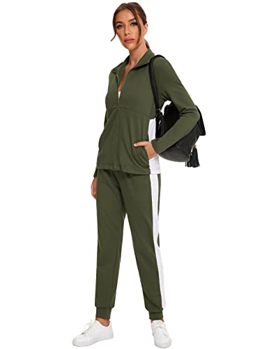 HALCYEEN Women's Striped Jogging Suits Set Soft Cotton Pants and Jacket Outfit with Pockets Army Green S