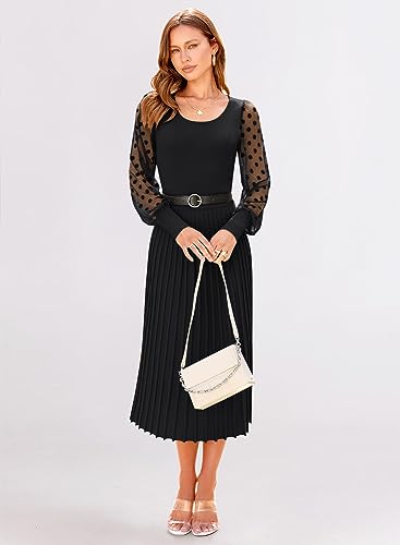 MIHOLL Women's Casual Sweater Dresses Ribbed Pleated A-Line Dress Puff Sleeve Midi Dress(Carmel,Medium)