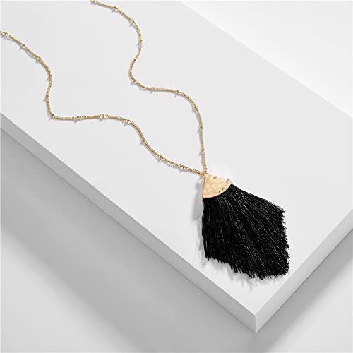 Seakuur Bohemian Silky Thread Fan Fringe Tassel Statement Earrings Lightweight Strand Feather Shape Dangles Earring Necklace Set for Women (Black)