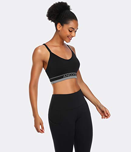 ANGOOL Strappy Sports Bra for Women, Longline Medium Support Yoga Bra Wirefree Padded Sports Bra with Adjustable Straps Black