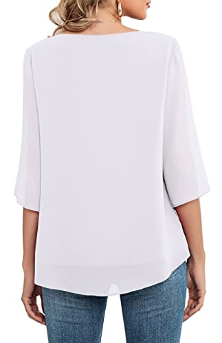 Neineiwu Women's Casual Chiffon Blouse Tops Half Ruffle Split Sleeve Shirt (White Leaves/Red M)