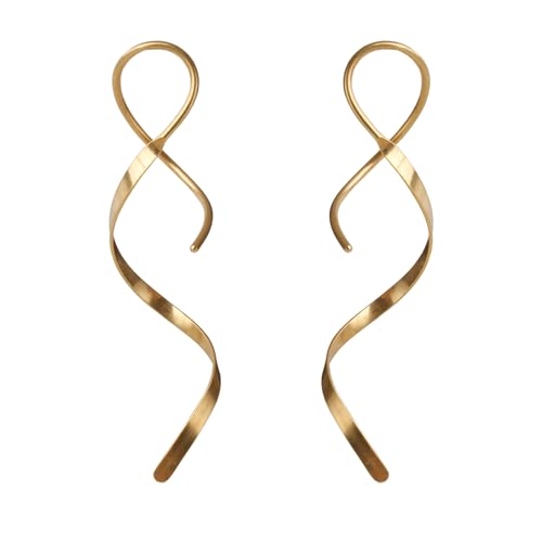 14K Gold Spiral Threader Earrings Handmade Sterling Silver Curve Dangling Drop Pull Through Earrings