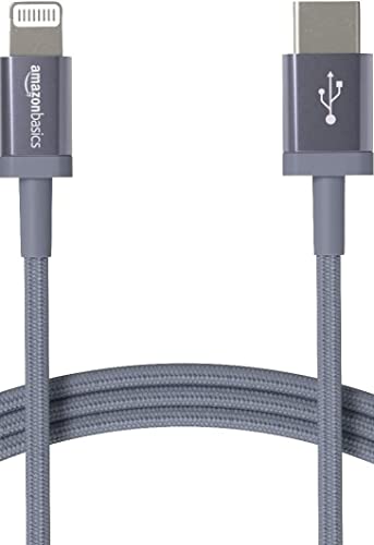 Amazon Basics USB-C to Lightning Charger Cable, Nylon Braided Cord, MFi Certified Charger for Apple iPhone 14 13 12 11 X Xs Pro, Pro Max, Plus, iPad, 3 Foot, Dark Gray