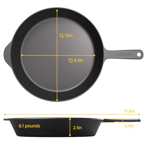 COOKLIFE 10.25 Inch Pre-Seasoned Round Cast Iron Skillet with Cover, Frying Pan with Long Handle - Use in the Oven, Over a Campfire Fire or on the Stovetop, Induction,Grill (Black)