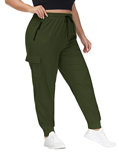 SEKINO Women's Plus Size Cargo Joggers Lightweight Quick Dry Hiking Pants Athletic Workout Outdoor Zipper Pockets Pants Army Green 1X