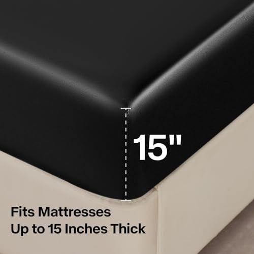 BEDELITE Satin Fitted Sheet and Pillowcase Set, Luxury Soft Similar to Silk Bottom Bed Sheet with Elastic Corner Straps, Deep Pocket up to 15 Inch, 1 Fitted Sheet and 1 Pillowcase(Twin, Black)