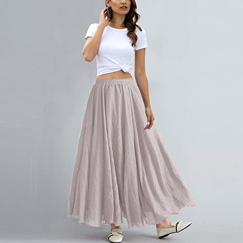 ASHER FASHION Women's Bohemian Style Elastic Waist Band Cotton Linen Long Maxi Skirt Dress (95CM, White)