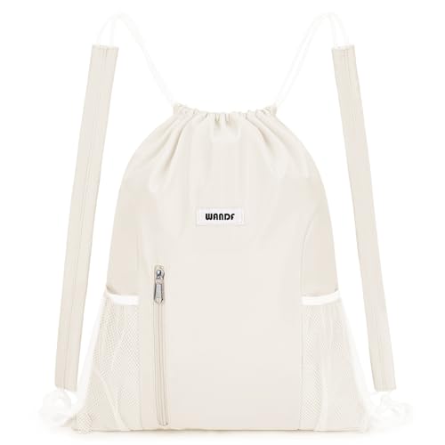 WANDF Drawstring Backpack with Shoulder Pad Sports Gym Backpack with Mesh Pocket String Bag for Women Men (Beige)
