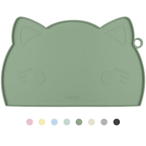 Coomazy Cat Food Mat, Thicker Dog Feeding Mat for Food and Water, Waterproof Non-Slip Silicone Mat for Floor, Dog Food Mat with Raised Edge to Prevent Food Spills and Water Runoff (Avocado, Medium)