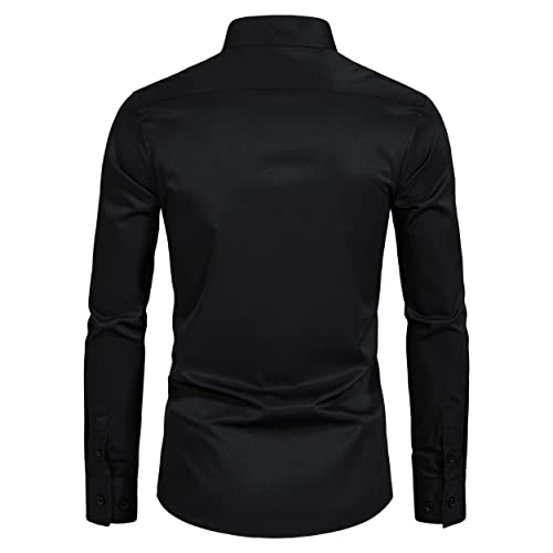 VANCOOG Men's Banded Collar Solid Long Sleeve Interview Formal Fashion Tuxedo Shirt Camisas De Vestir para Hombres-Black-S