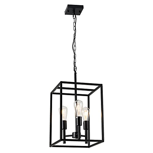 XILICON Black Classic Foyer Chandelier 3 Light Farmhouse Pendant Lighting Chandelier Light Fixtures Ceiling Hanging with Square Cage Shades Fixtures for Kitchen Dining Room Entryway