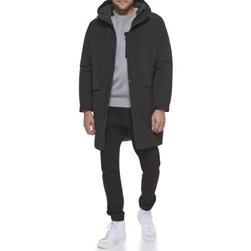 DKNY Men's Water Resistant Hooded Logo Parka Jacket, Heavyweight Black