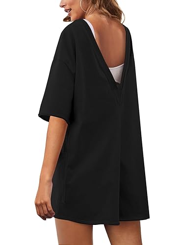 Yeokou Rompers for Women Casual Short Sleeve Oversized Athletic Workout Reversible Hot Shot Tee Romper Deep Pockets(Black-S)