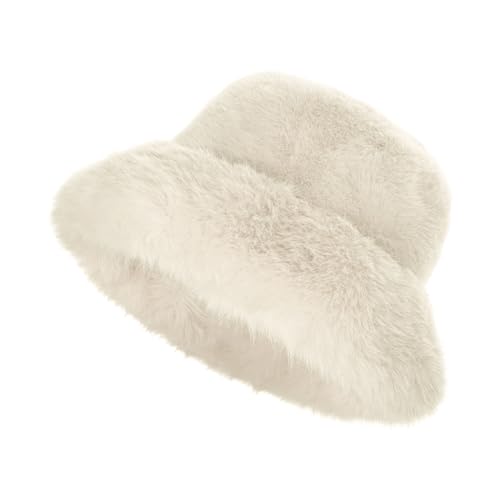 Yonchic Winter Soft Faux Fur Plush Bucket Hat, Lovely Fuzzy Fisherman Cap, Fashion Outdoor Thick Warm Sun Cap for Women (Beige)
