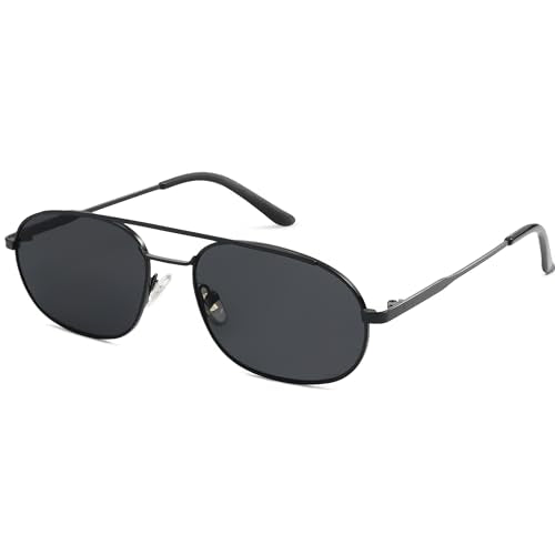 SOJOS Retro Trendy Aviator Sunglasses Women Men 90s Small Vintage Glasses Stylish Oval Sunglasses SJ1208,(Black/Black/Grey)