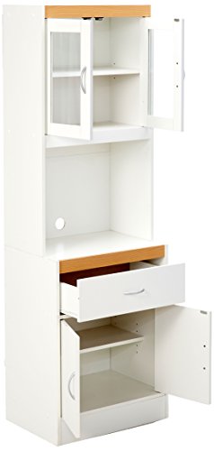 Hodedah Long Standing Kitchen Cabinet with Top and Bottom Enclosed Cabinet Space, One Drawer, Large Open Space for Microwave, White