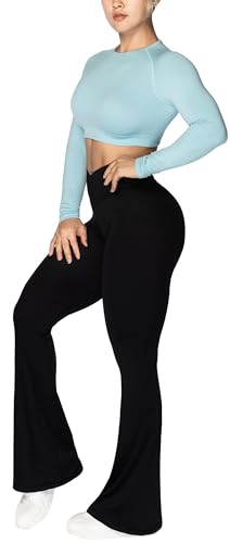 Sunzel Flare Leggings, Crossover Yoga Pants with Tummy Control, High-Waisted and Wide Leg, 34" Inseam, Light Blue Large