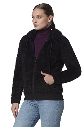 Andrew Marc Women's Teddy Fleece Full Zip Hooded Jacket, Black (Faux Fur), Small