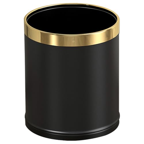 LEASYLIFE 14L/3.7GAL Black and Gold Open Top Trash Can - Metal Office Wastebasket Without Lid for Office, Hotel, Store, Restaurant