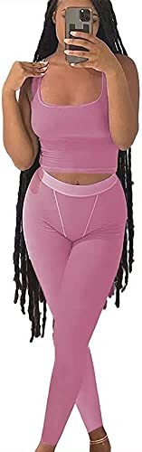ZFLM Casual Workout Sets Two Piece Outfits for Women Ribbed Crop Tank Top High Waist Yoga Leggings Active Wear