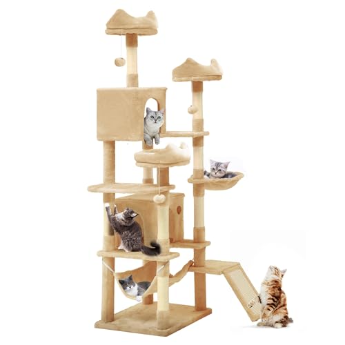 YITAHOME Tall Cat Tree for Indoor Cats, 75 inch Multi-Level Cat Tower with Cat Condos, Top Perches, Sisal Ramp Scratching Posts, Cozy Basket, Hammocks, Large Cat Pet Activity Structure,Beige