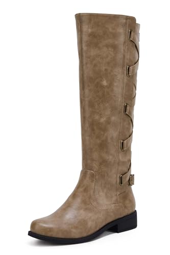 Syktkmx Womens Strappy Motorcycle Knee High Boots Winter Lace Up Riding Flat Low Heel Shoes, Dark Brown, Size 10