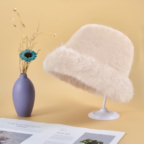 Yonchic Winter Soft Faux Fur Plush Bucket Hat, Lovely Fuzzy Fisherman Cap, Fashion Outdoor Thick Warm Sun Cap for Women (Beige)