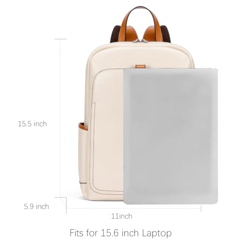 BOSTANTEN Leather Laptop Backpack for Women,15.6 inch Computer Backpack Purse College Daypack Work Travel Bag Beige-White